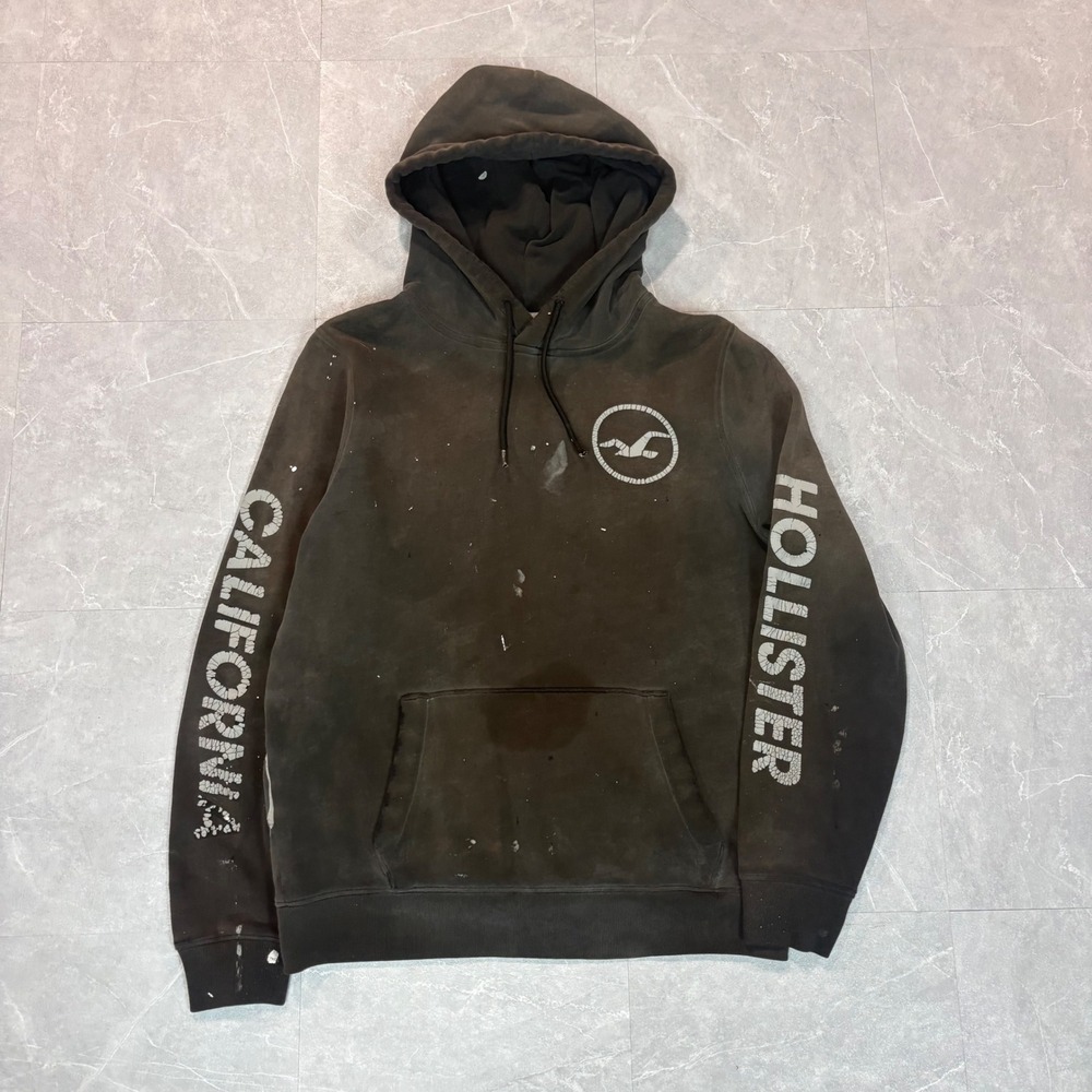 Hollister Mens California Graphic Hoodie Sun Faded Brown Paint Splatter Medium